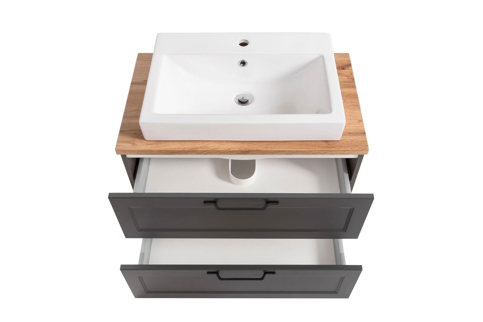 Waschtisch-Set mit weißem Waschbecken auf Holzplatte und zwei offenen Schubladen, Ansicht von oben