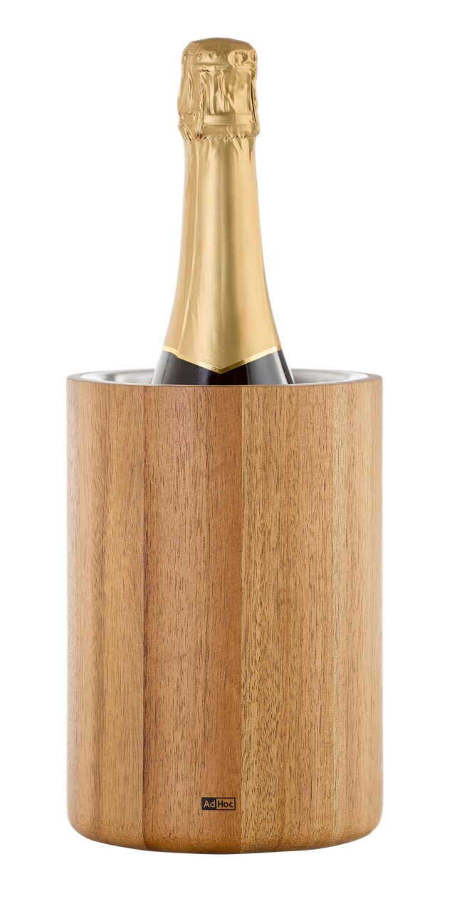 Houten wijnkoeler met een fles champagne, vooraanzicht