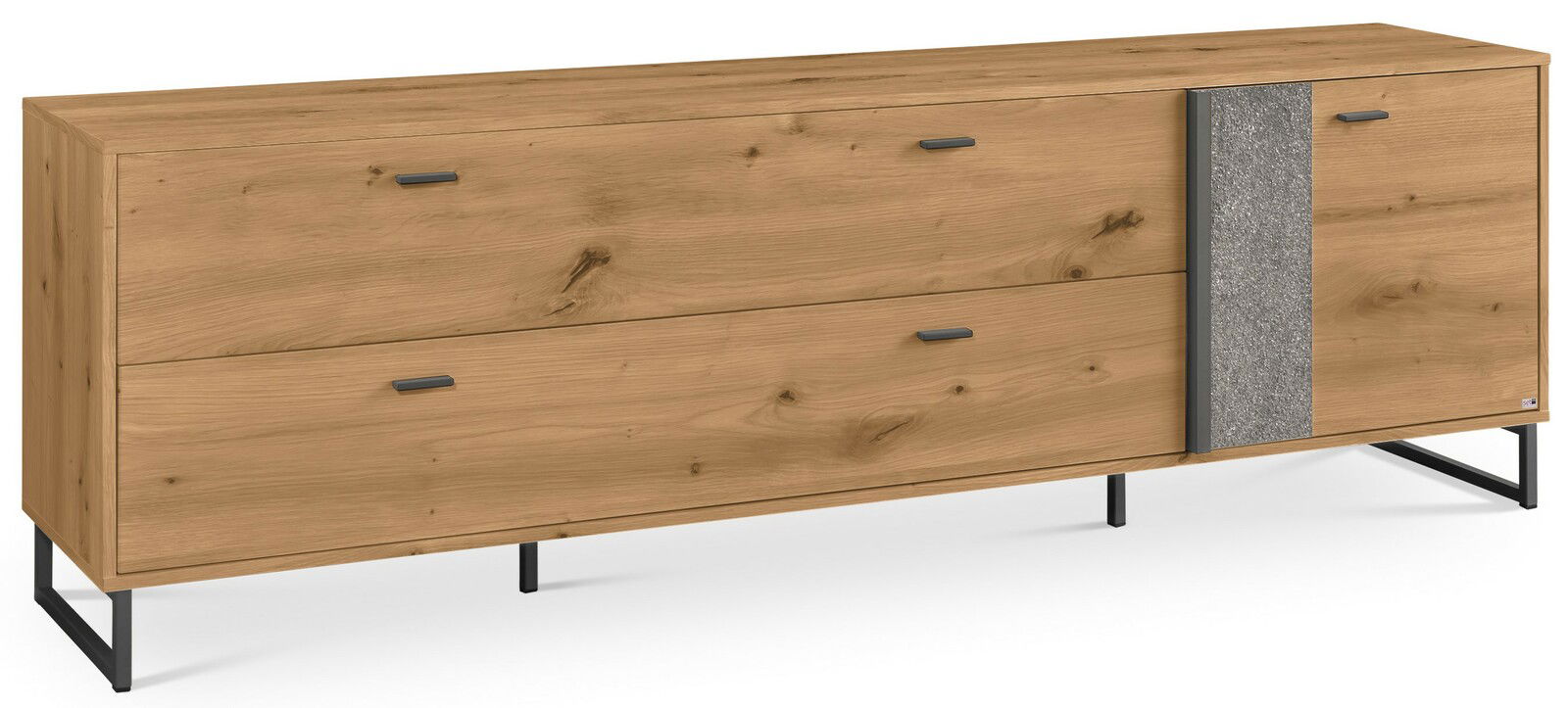 TV-Lowboard aus Holz mit zwei Schubladen und einer Tür, seitliche Perspektive