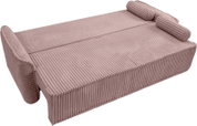Schlafsofa 3 Sitzer in rosa, von oben betrachtet, mit geripptem Stoffbezug und zwei Kissen.