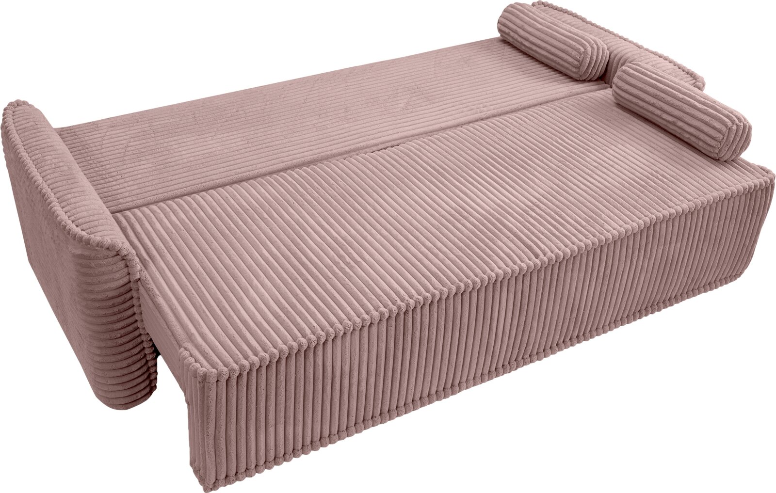 Schlafsofa 3 Sitzer in rosa, von oben betrachtet, mit geripptem Stoffbezug und zwei Kissen.