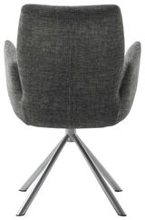 Rückansicht eines modernen Sessels mit grauem Stoffbezug und Metallbeinen.