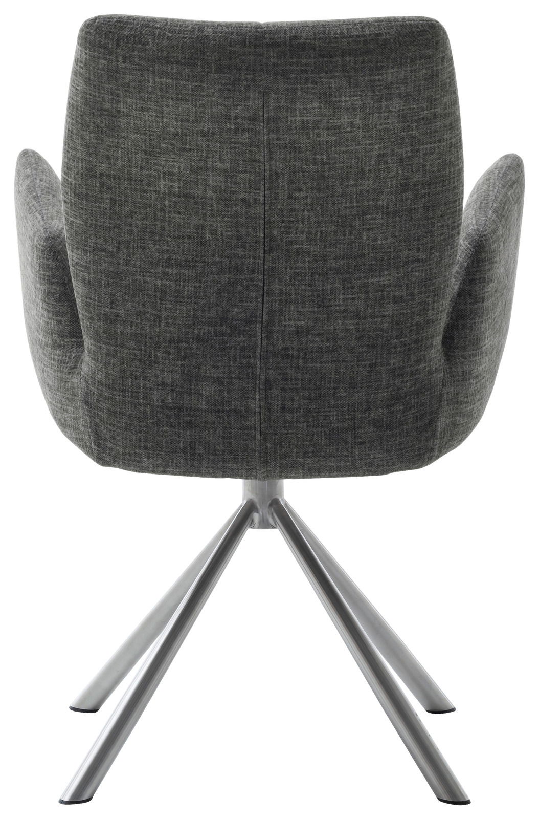 Rückansicht eines modernen Sessels mit grauem Stoffbezug und Metallbeinen.