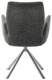 Rückansicht eines modernen Sessels mit grauem Stoffbezug und Metallbeinen.