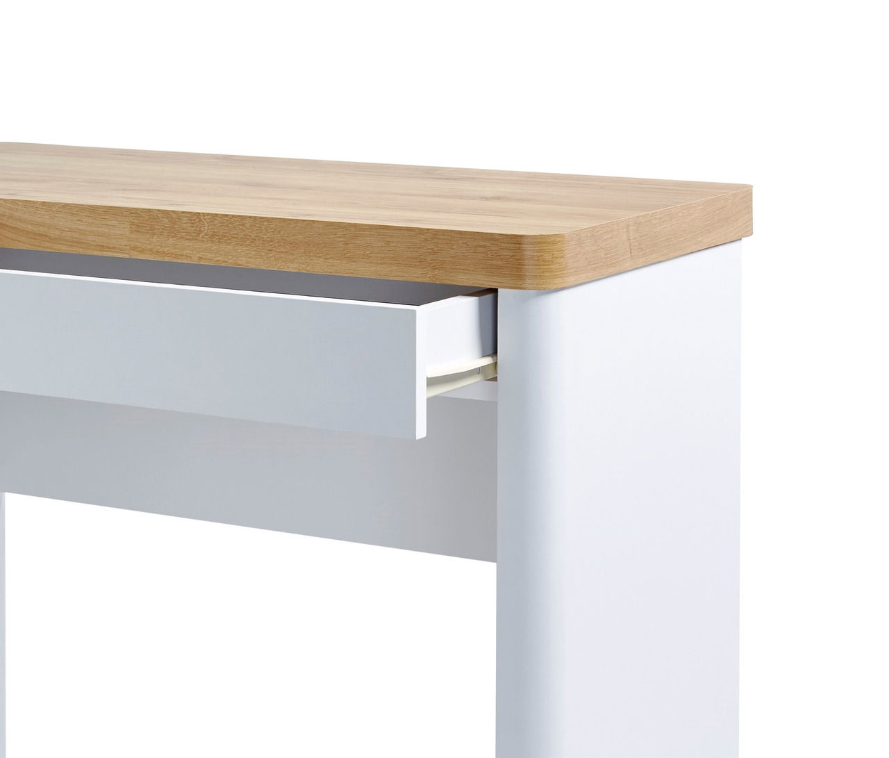 Moderner Schreibtisch mit weißem Korpus und Holzoberfläche, seitliche Perspektive mit geöffneter Schublade