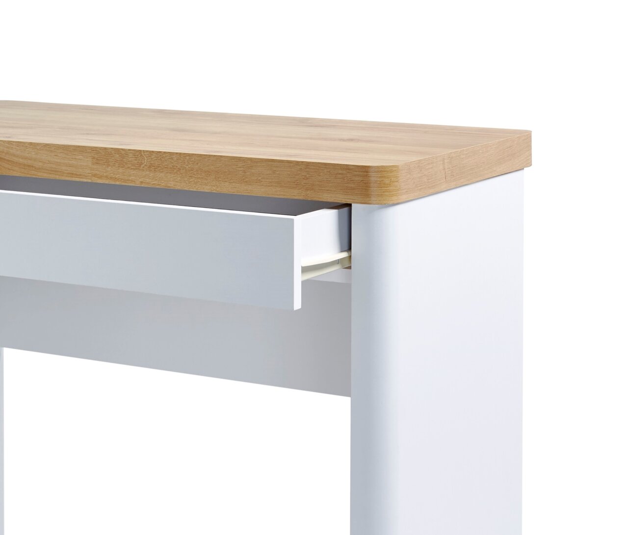 Moderner Schreibtisch mit weißem Korpus und Holzoberfläche, seitliche Perspektive mit geöffneter Schublade