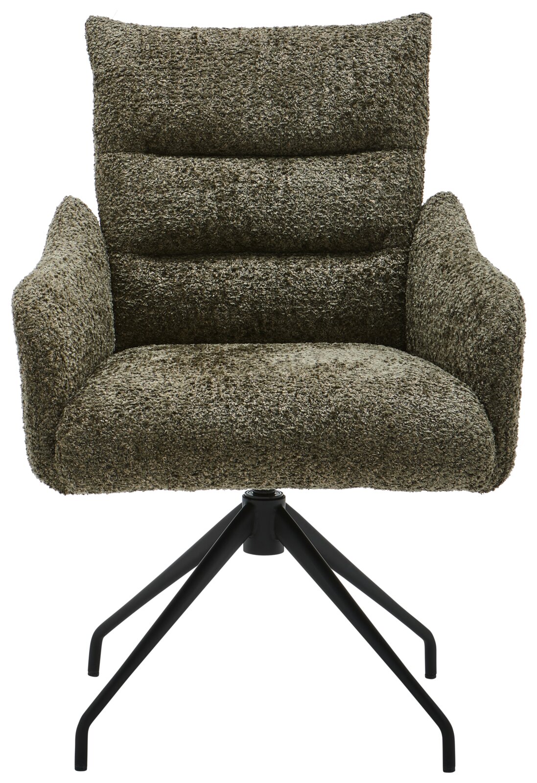 Frontansicht eines modernen Armlehnstuhls mit weichem, texturiertem Stoffbezug in Olivgrün und schwarzem Metallgestell.