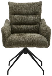 Frontansicht eines modernen Armlehnstuhls mit weichem, texturiertem Stoffbezug in Olivgrün und schwarzem Metallgestell.