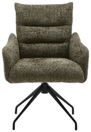 Frontansicht eines modernen Armlehnstuhls mit weichem, texturiertem Stoffbezug in Olivgrün und schwarzem Metallgestell.
