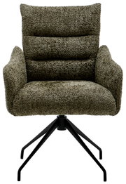 Vooraanzicht van een moderne fauteuil met een zachte, gestructureerde stoffen bekleding in olijfgroen en een zwart metalen frame.