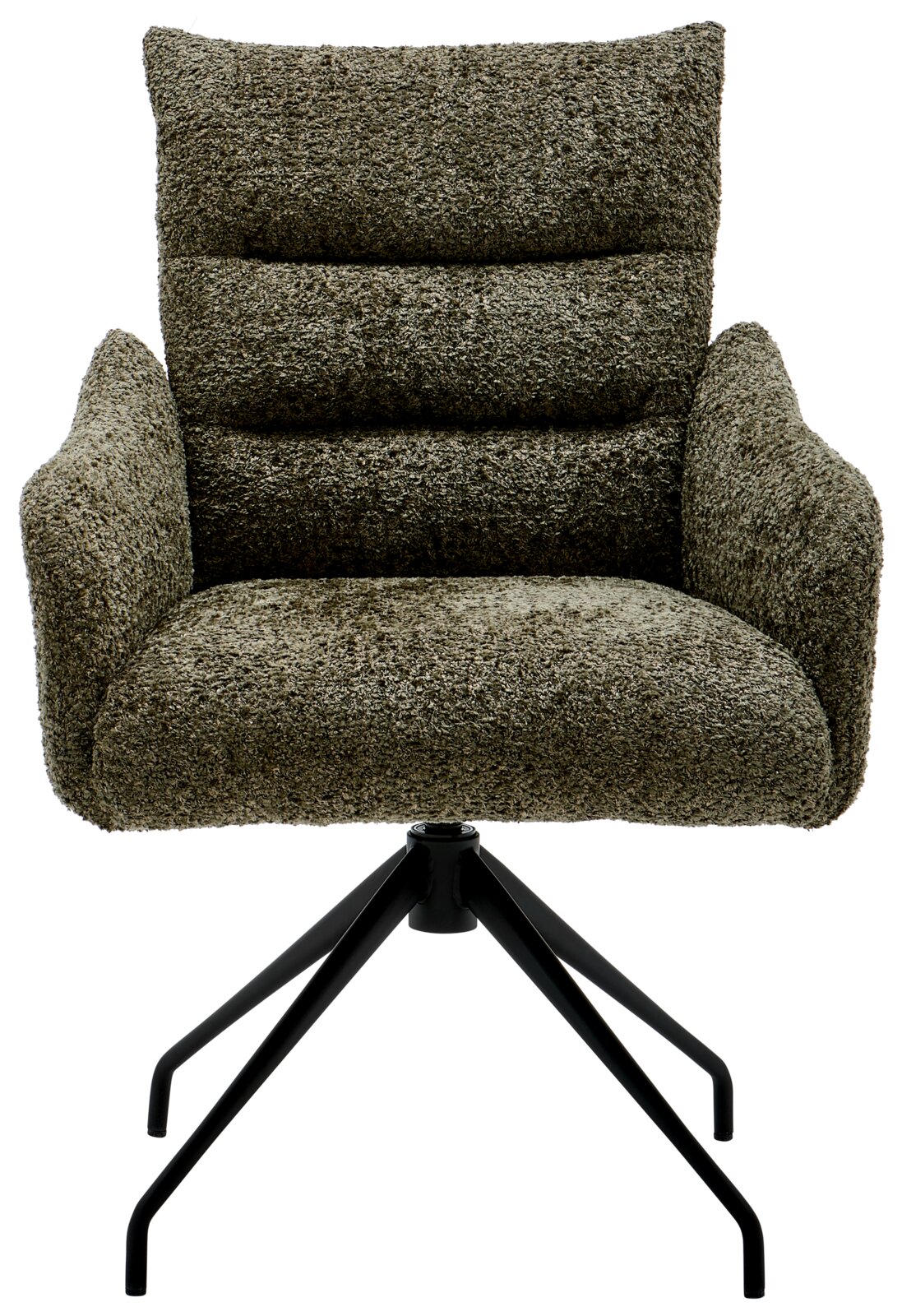Vooraanzicht van een moderne fauteuil met een zachte, gestructureerde stoffen bekleding in olijfgroen en een zwart metalen frame.