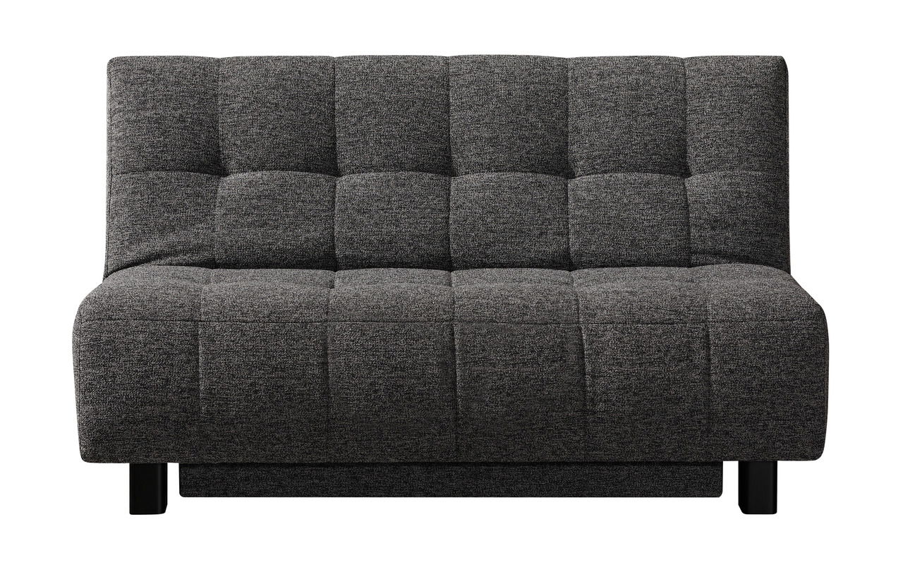 Frontansicht eines grauen Faltbetts mit gepolstertem Stoffbezug und quadratischem Muster.