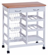 Küchenrollwagen mit Holzplatte, zwei Schubladen, drei Drahtkörben und Flaschenregalen, seitliche Perspektive