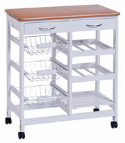 Küchenrollwagen mit Holzplatte, zwei Schubladen, drei Drahtkörben und Flaschenregalen, seitliche Perspektive