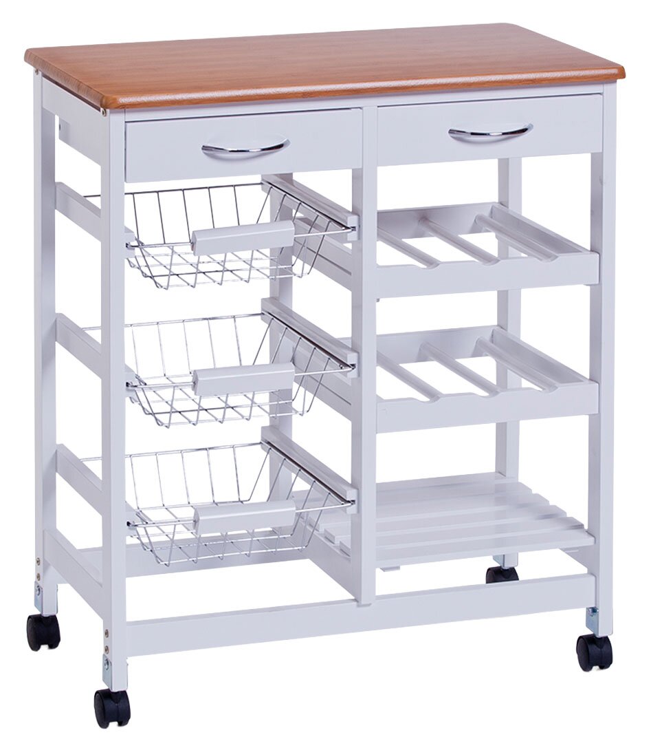Küchenrollwagen mit Holzplatte, zwei Schubladen, drei Drahtkörben und Flaschenregalen, seitliche Perspektive