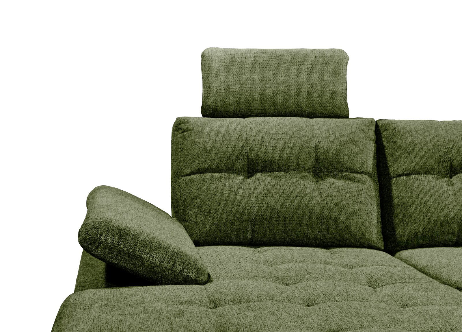 Grünes Sofa mit verstellbarer Kopfstütze und Armlehne, seitliche Perspektive