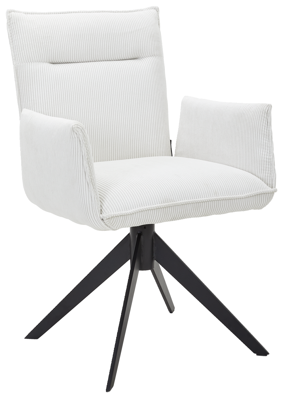Moderner Armlehnstuhl mit weißem Stoffbezug und schwarzem Metallgestell, seitliche Perspektive
