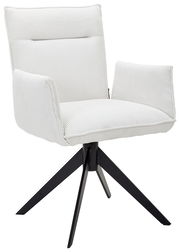 Moderner Armlehnstuhl mit weißem Stoffbezug und schwarzem Metallgestell, seitliche Perspektive