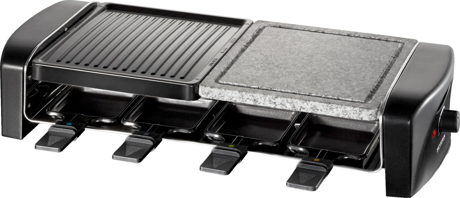 Elektrische raclette- en grillset met geribbelde grillplaat en natuurstenen bakplaat, inclusief vier pannetjes, schuin vooraanzicht