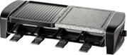 Elektrische raclette- en grillset met geribbelde grillplaat en natuurstenen bakplaat, inclusief vier pannetjes, schuin vooraanzicht