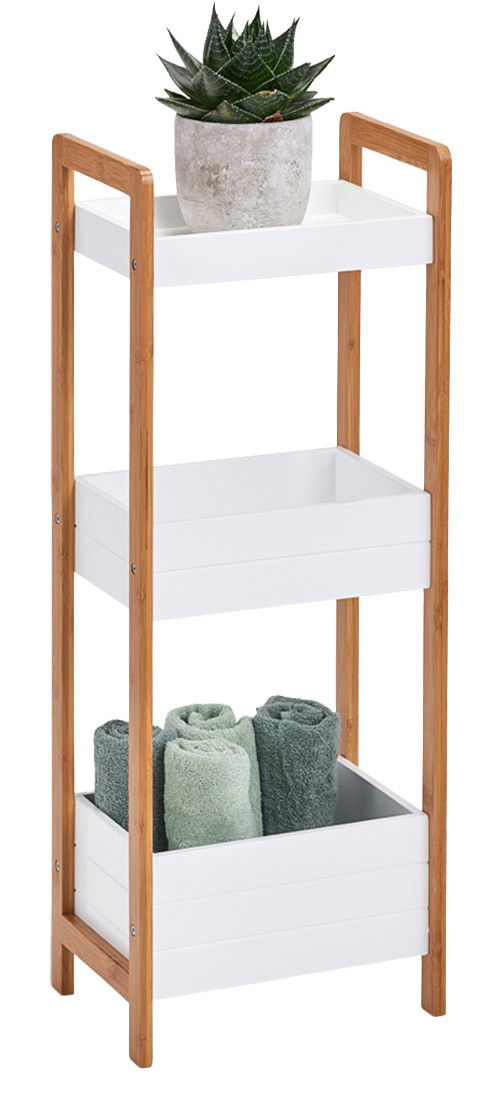 Standregal mit drei Ablagefächern, aus Holz und weißem Material, mit Pflanzen und Handtüchern dekoriert, seitliche Perspektive