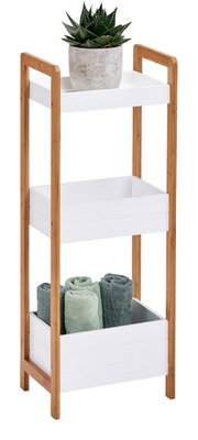 Standregal mit drei Ablagefächern, aus Holz und weißem Material, mit Pflanzen und Handtüchern dekoriert, seitliche Perspektive
