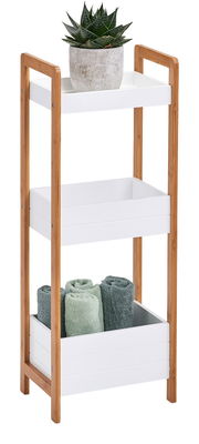 Standregal mit drei Ablagefächern, aus Holz und weißem Material, mit Pflanzen und Handtüchern dekoriert, seitliche Perspektive