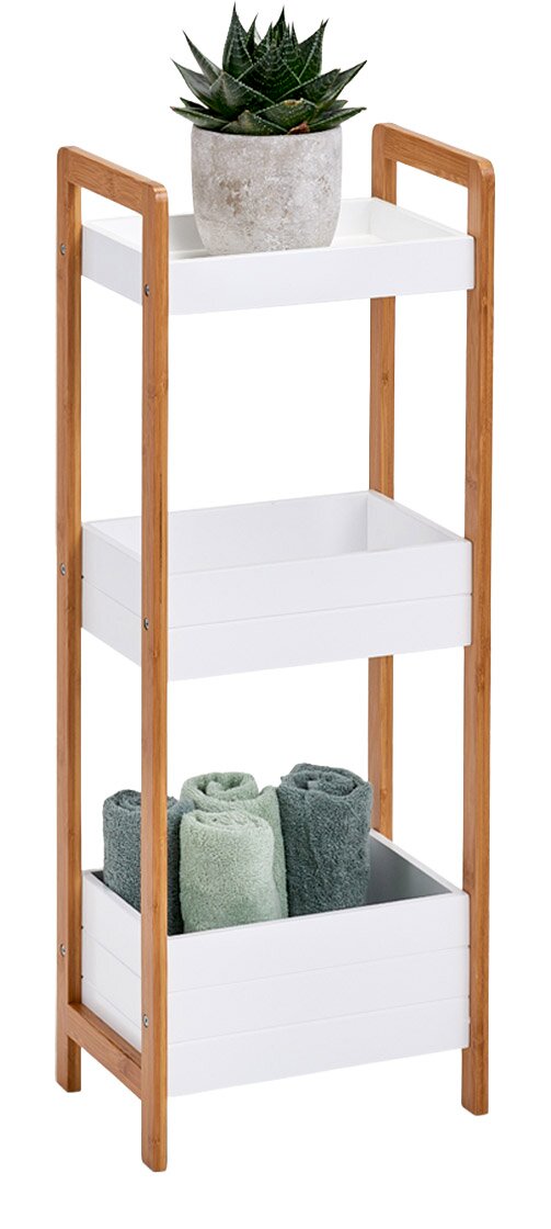 Standregal mit drei Ablagefächern, aus Holz und weißem Material, mit Pflanzen und Handtüchern dekoriert, seitliche Perspektive