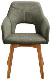 Moderner Sessel mit grauem Stoffbezug und Holzbeinen, Frontalansicht