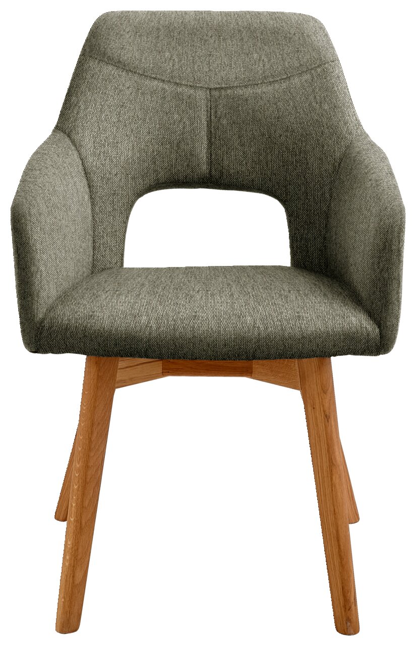 Moderner Sessel mit grauem Stoffbezug und Holzbeinen, Frontalansicht