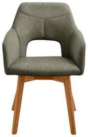 Moderner Sessel mit grauem Stoffbezug und Holzbeinen, Frontalansicht