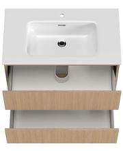 Waschtisch-Set mit weißem Waschbecken und Holzschubladen, Ansicht von oben