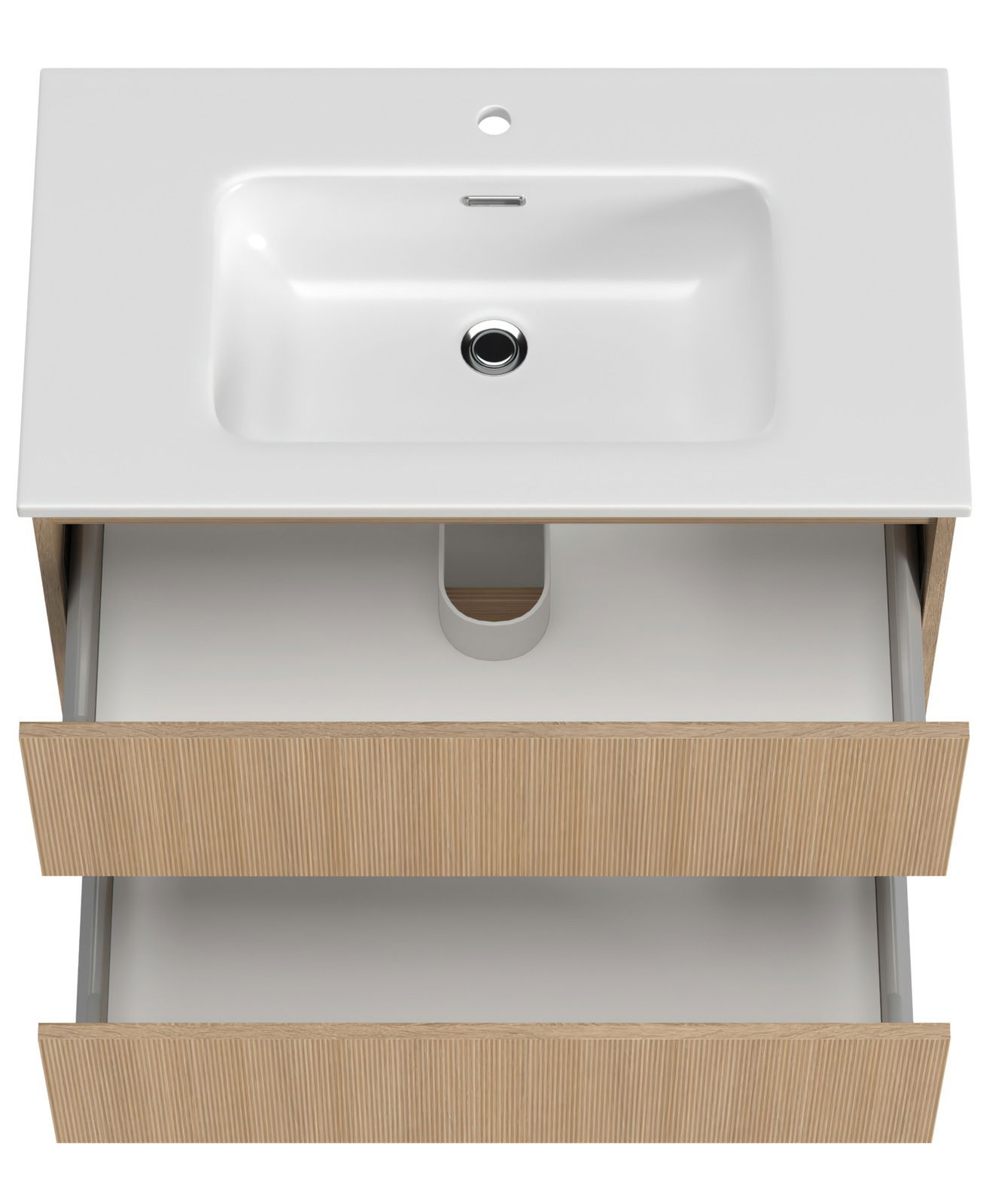 Waschtisch-Set mit weißem Waschbecken und Holzschubladen, Ansicht von oben