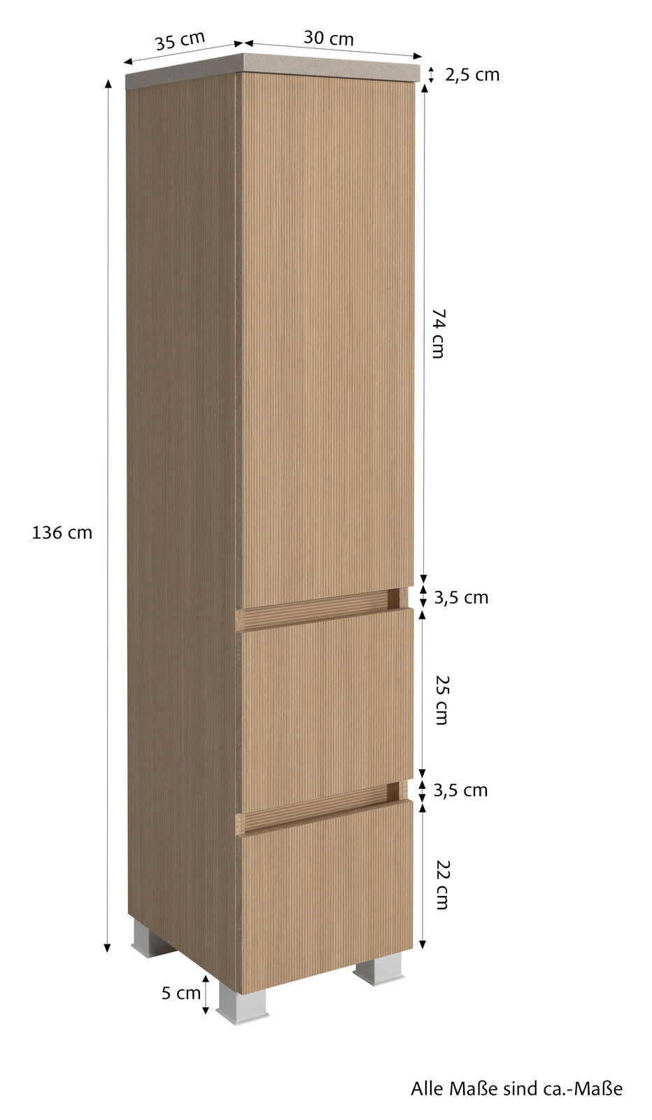 Midischrank 30 cm in Holzoptik, frontale Perspektive, mit zwei Schubladen und silbernen Füßen, Maße: 136 cm hoch, 30 cm breit, 35 cm tief.