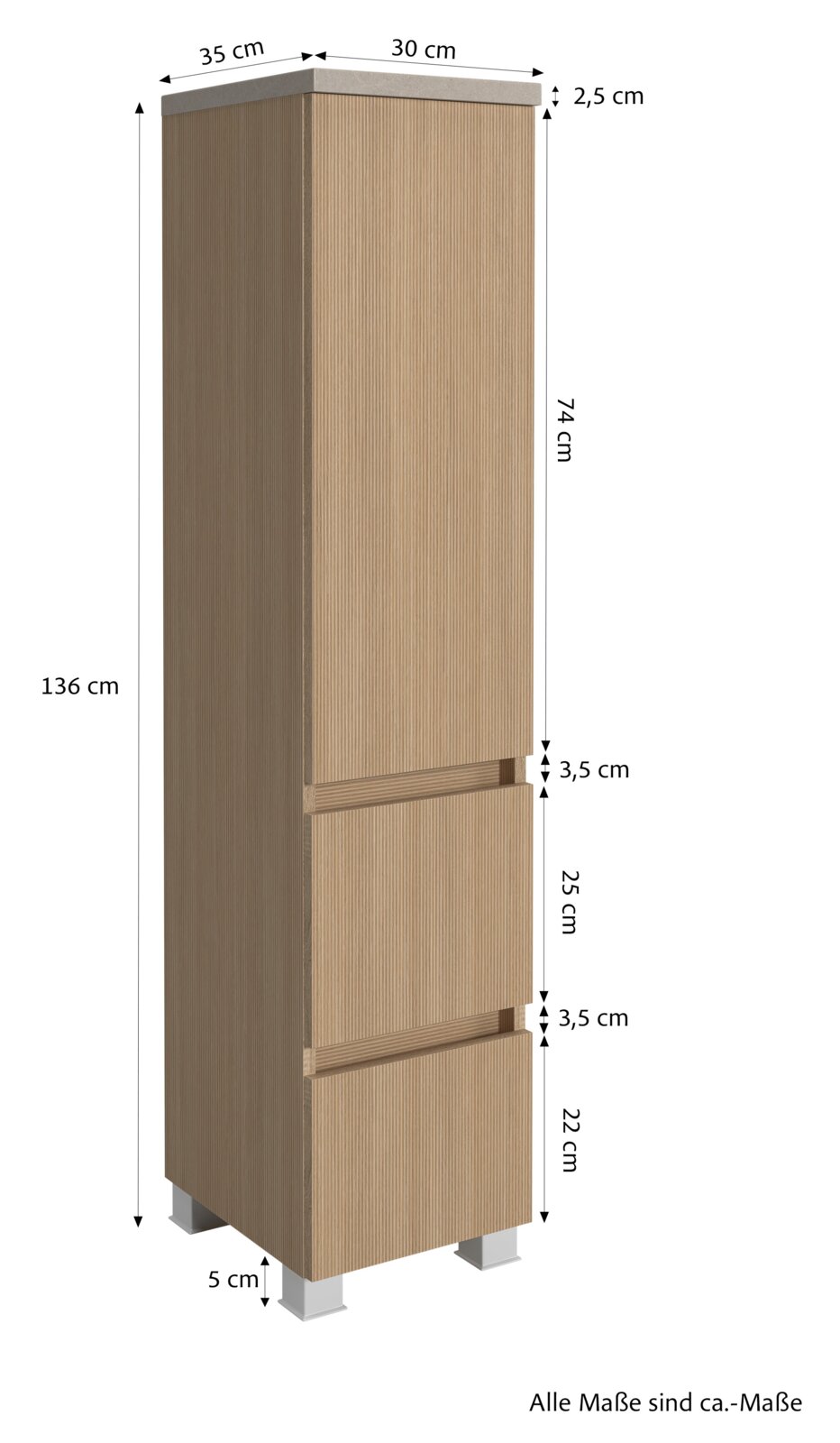 Midikast van 30 cm in houtlook, vooraanzicht, met twee lades en zilveren pootjes, afmetingen: 136 cm hoog, 30 cm breed, 35 cm diep.
