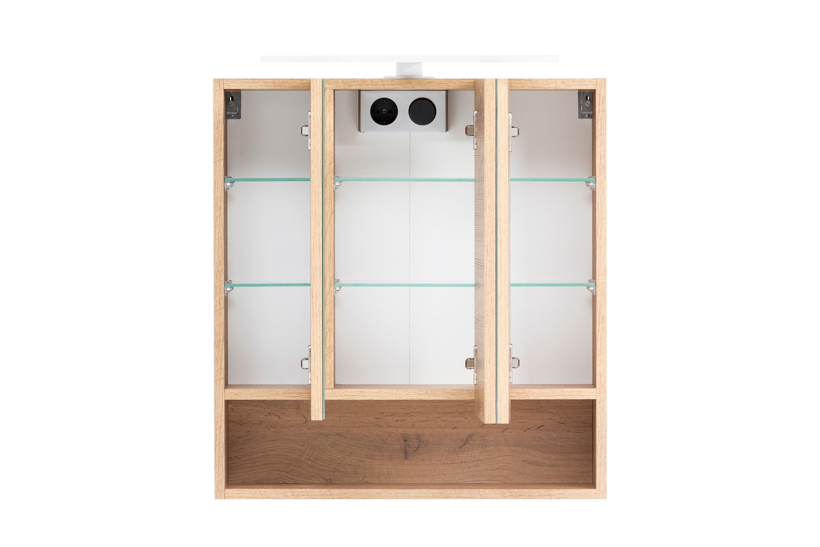Spiegelschrank mit drei Türen, Glasböden und Holzrahmen, frontal betrachtet.