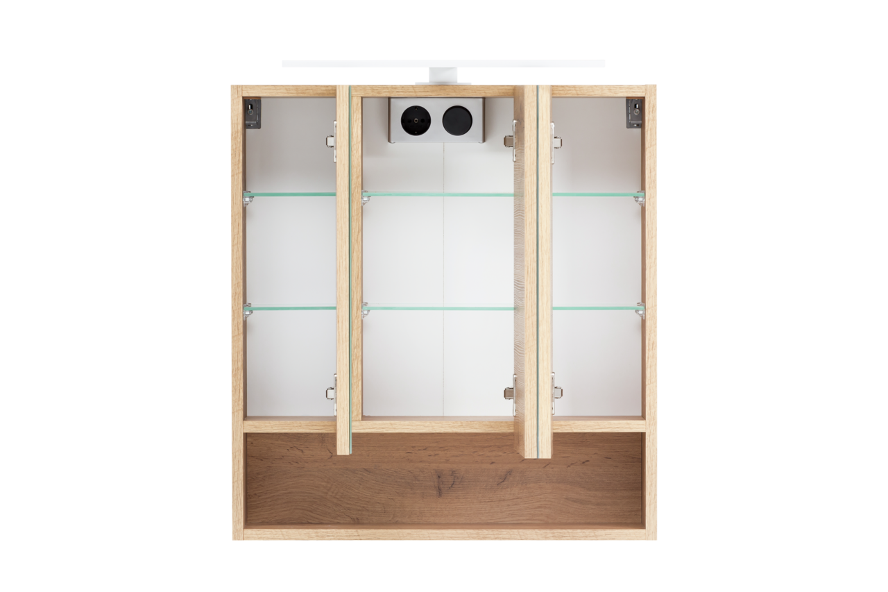 Spiegelschrank mit drei Türen, Glasböden und Holzrahmen, frontal betrachtet.