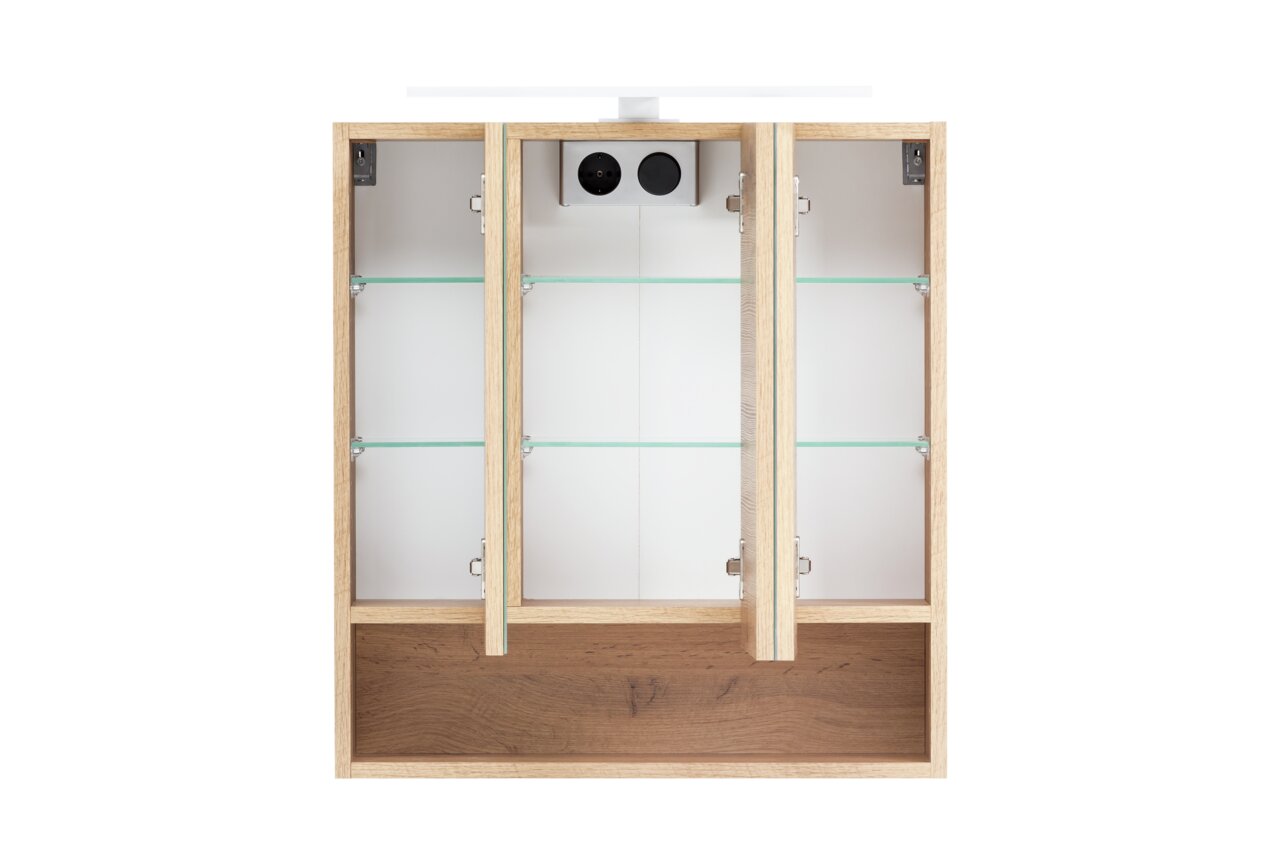 Spiegelschrank mit drei Türen, Glasböden und Holzrahmen, frontal betrachtet.