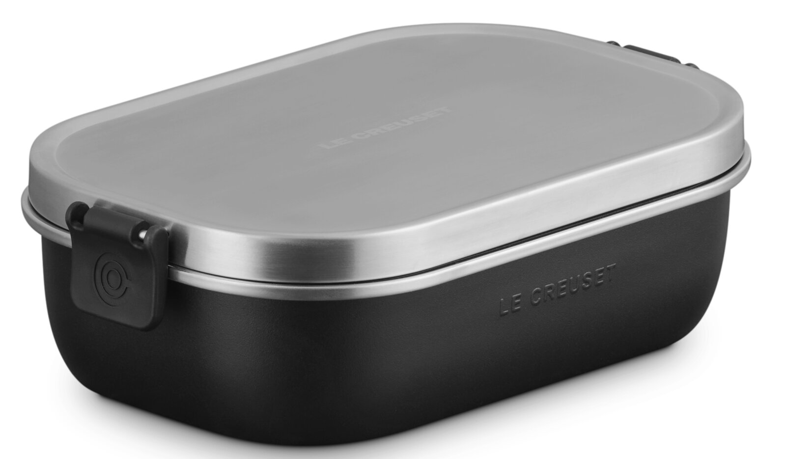 LE CREUSET Lunchbox Zwart Mat ON THE GO Zwarte lunchbox met matte afwerking en roestvrijstalen sluiting, zijaanzicht