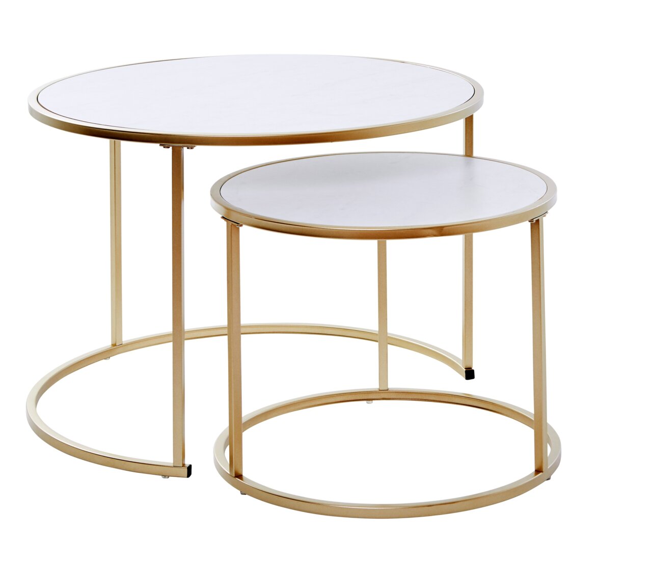 Set van twee salontafels met ronde, witte tafelbladen en gouden metalen onderstellen, zijaanzicht