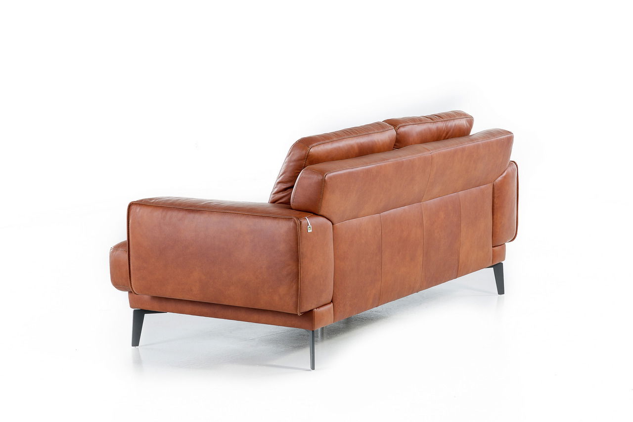 Rückansicht eines braunen Ledersofas mit zwei Sitzen und modernen schwarzen Beinen.