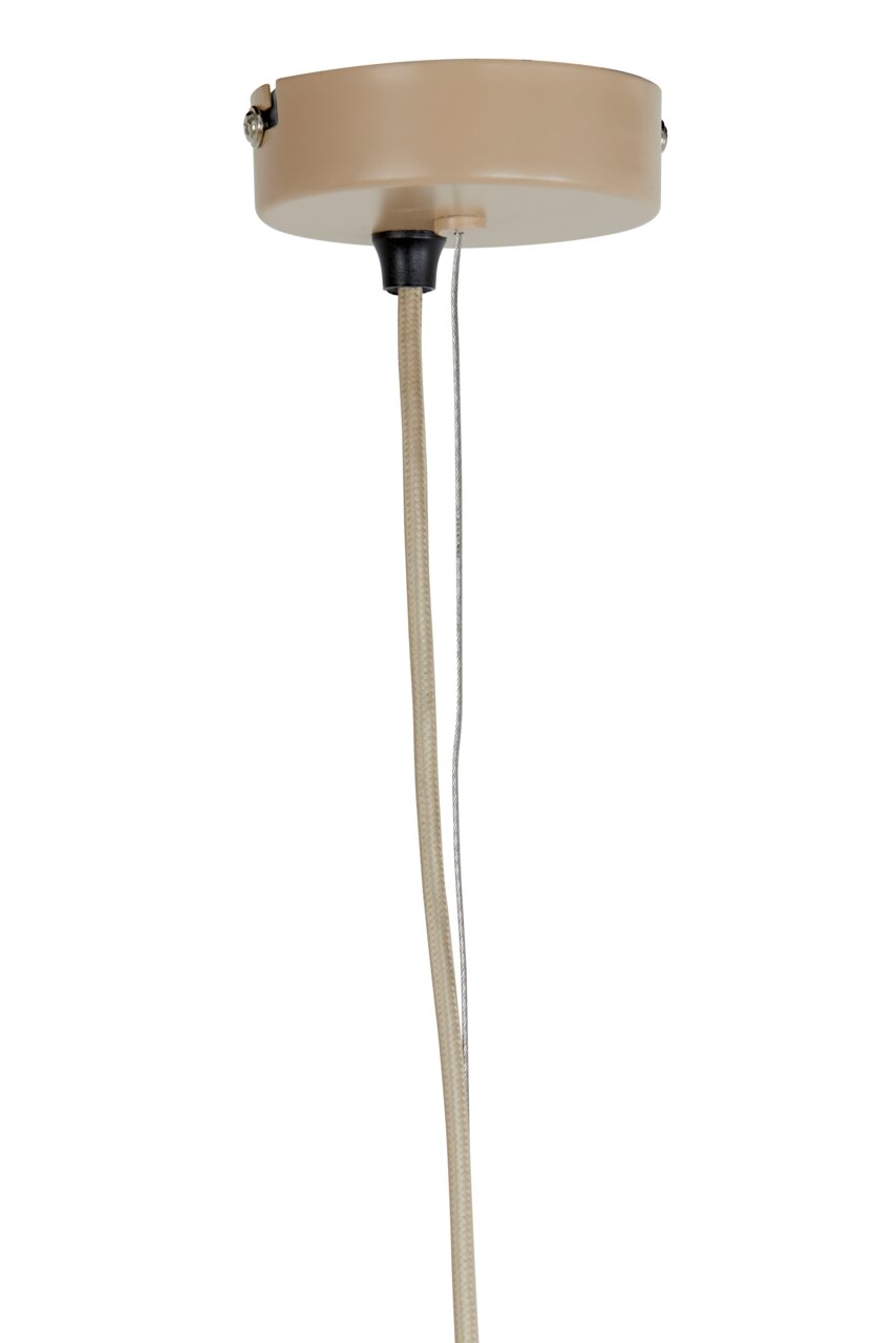 Nahaufnahme einer Hängeleuchte von unten, beige Deckenhalterung mit Kabel.