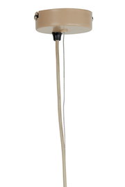 Nahaufnahme einer Hängeleuchte von unten, beige Deckenhalterung mit Kabel.