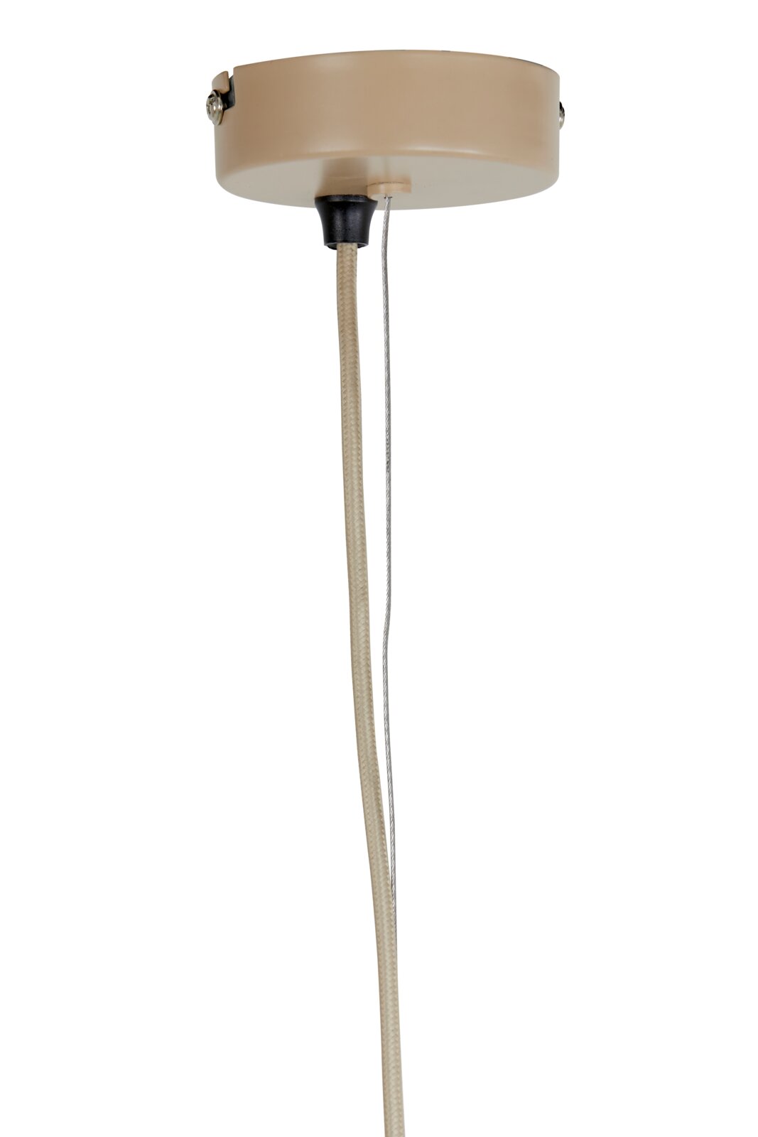 Nahaufnahme einer Hängeleuchte von unten, beige Deckenhalterung mit Kabel.