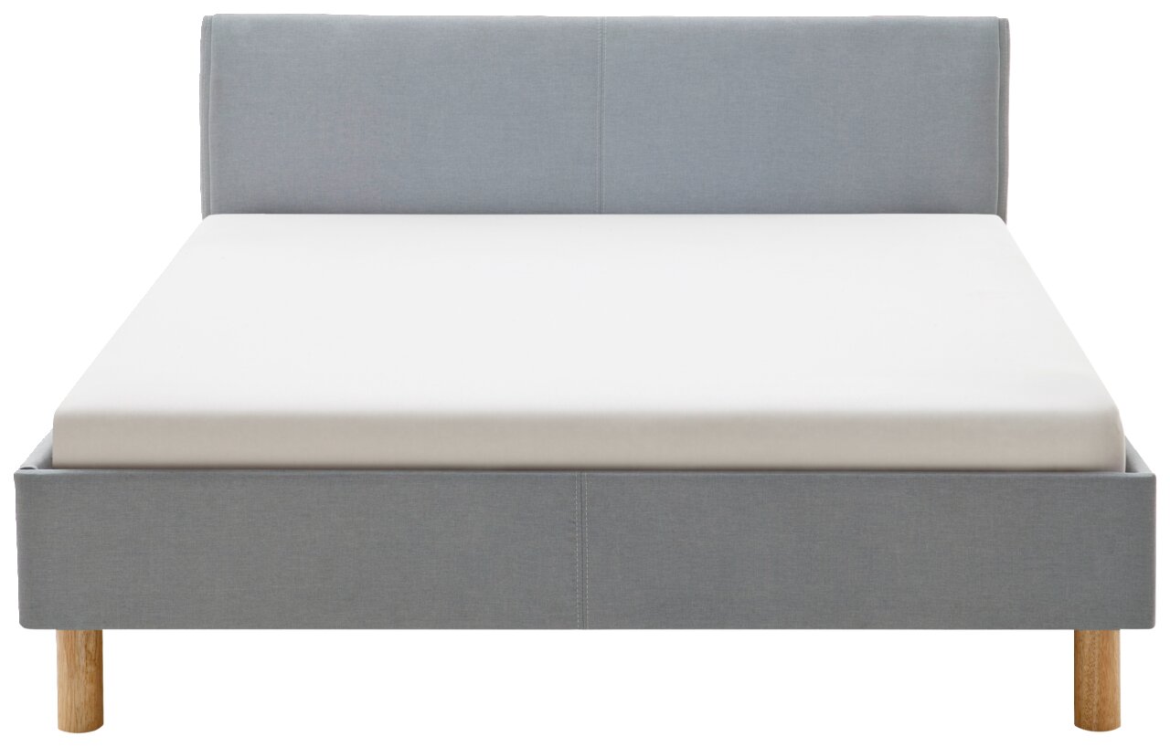 Graues Polsterbett mit Holzfüßen, Frontalansicht