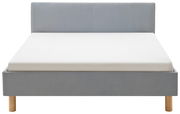 Graues Polsterbett mit Holzfüßen, Frontalansicht