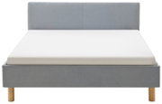 Grijs gestoffeerd bed met houten poten, vooraanzicht
