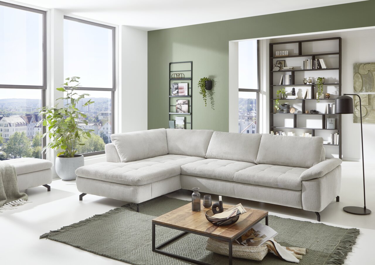 Beldomo Style Ecksofa SENSE Ecksofa Beldomo Style SENSE in einem modernen Wohnzimmer, seitliche Perspektive