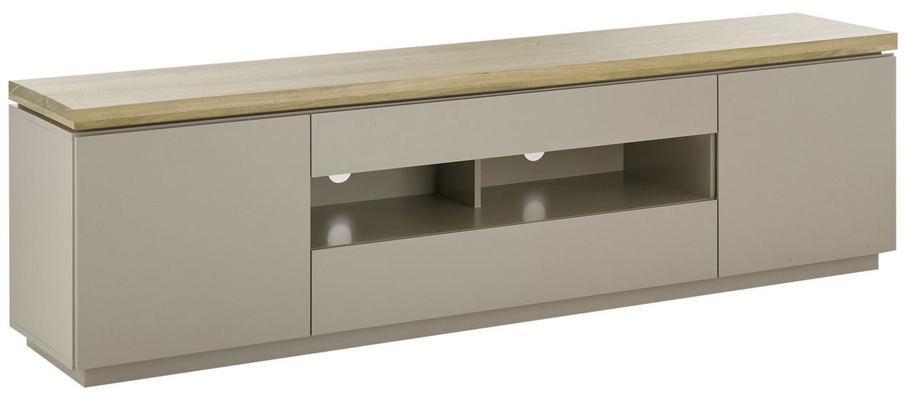 XORA XL-TV-Lowboard PALAMOS XL-TV-Lowboard in moderner Frontansicht mit hellem Holzdeckel und grauen Schubladen.