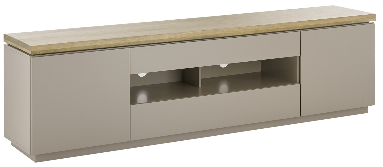 XORA XL-TV-Lowboard PALAMOS XL-TV-Lowboard in moderner Frontansicht mit hellem Holzdeckel und grauen Schubladen.